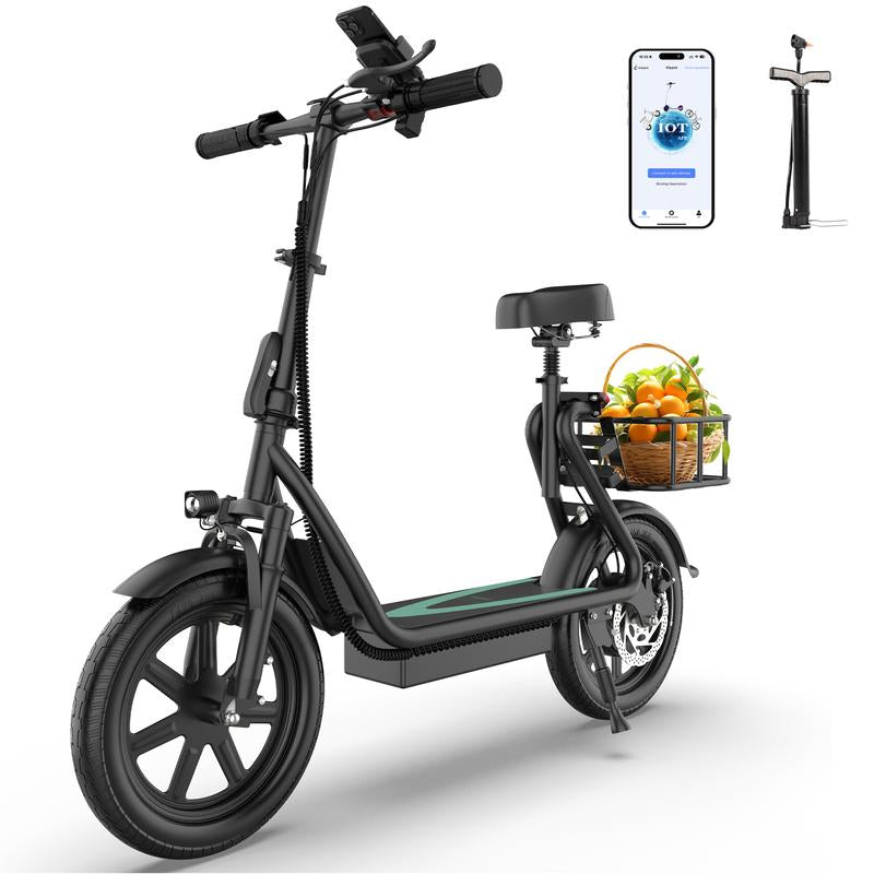 Electric Scooter for Adults with Seat and App, 48V 10.4Ah Battery, Top Speed 22 Mph, Driving Range 21-27 Miles, App Control,Pet-Friendly Design with Rear Basket