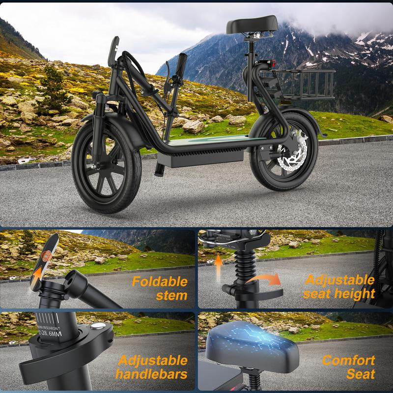 Electric Scooter for Adults with Seat and App, 48V 10.4Ah Battery, Top Speed 22 Mph, Driving Range 21-27 Miles, App Control,Pet-Friendly Design with Rear Basket