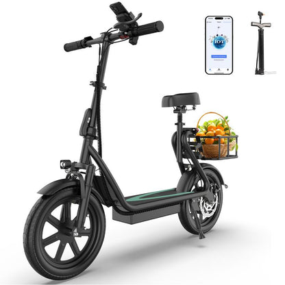 Electric Scooter for Adults with Seat and App, 48V 10.4Ah Battery, Top Speed 22 Mph, Driving Range 21-27 Miles, App Control,Pet-Friendly Design with Rear Basket