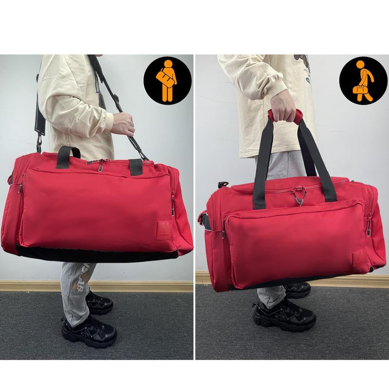 Sports Large Gym Duffel Bag Water Resistant Workout Overnight Backpack for Women & Men Weekender Overnight Bag Red Polyester Fabric Nylon Lining 55L Capacity 6 Pockets Zipper High Quality