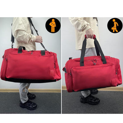 Sports Large Gym Duffel Bag Water Resistant Workout Overnight Backpack for Women & Men Weekender Overnight Bag Red Polyester Fabric Nylon Lining 55L Capacity 6 Pockets Zipper High Quality