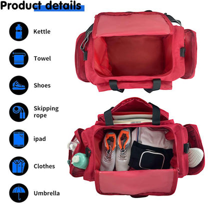 Sports Large Gym Duffel Bag Water Resistant Workout Overnight Backpack for Women & Men Weekender Overnight Bag Red Polyester Fabric Nylon Lining 55L Capacity 6 Pockets Zipper High Quality