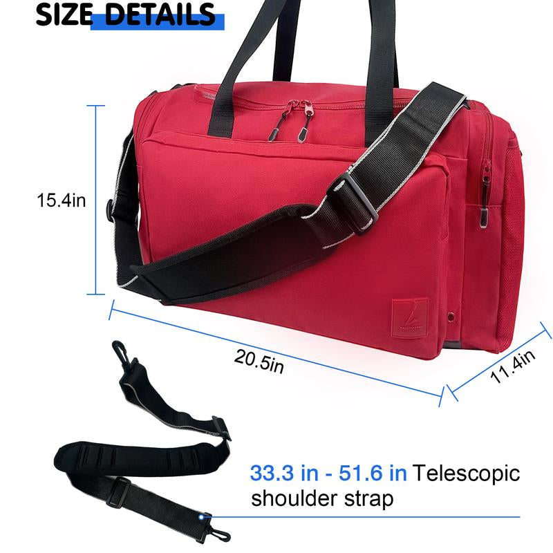 Sports Large Gym Duffel Bag Water Resistant Workout Overnight Backpack for Women & Men Weekender Overnight Bag Red Polyester Fabric Nylon Lining 55L Capacity 6 Pockets Zipper High Quality
