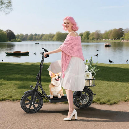 Electric Scooter for Adults with Seat and App, 48V 10.4Ah Battery, Top Speed 22 Mph, Driving Range 21-27 Miles, App Control,Pet-Friendly Design with Rear Basket