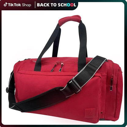 Sports Large Gym Duffel Bag Water Resistant Workout Overnight Backpack for Women & Men Weekender Overnight Bag Red Polyester Fabric Nylon Lining 55L Capacity 6 Pockets Zipper High Quality