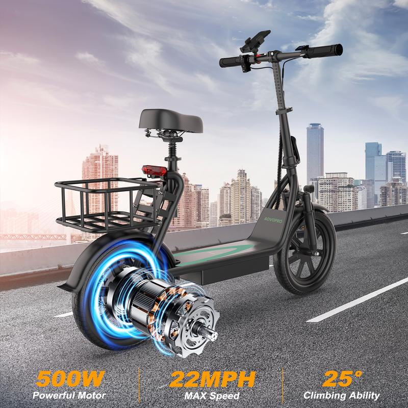 Electric Scooter for Adults with Seat and App, 48V 10.4Ah Battery, Top Speed 22 Mph, Driving Range 21-27 Miles, App Control,Pet-Friendly Design with Rear Basket