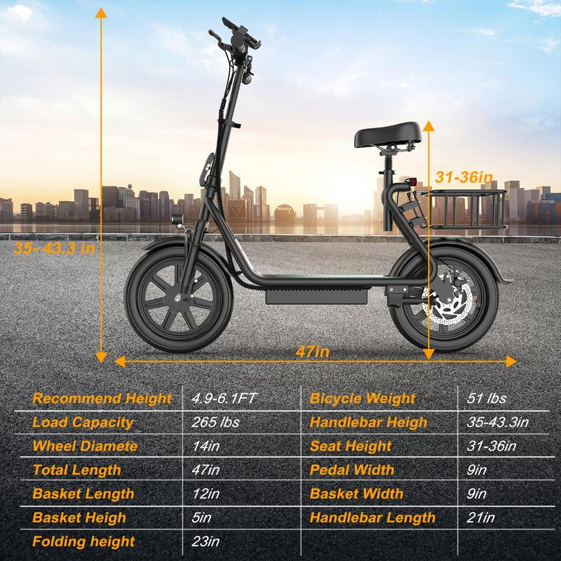 Electric Scooter for Adults with Seat and App, 48V 10.4Ah Battery, Top Speed 22 Mph, Driving Range 21-27 Miles, App Control,Pet-Friendly Design with Rear Basket