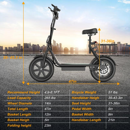 Electric Scooter for Adults with Seat and App, 48V 10.4Ah Battery, Top Speed 22 Mph, Driving Range 21-27 Miles, App Control,Pet-Friendly Design with Rear Basket